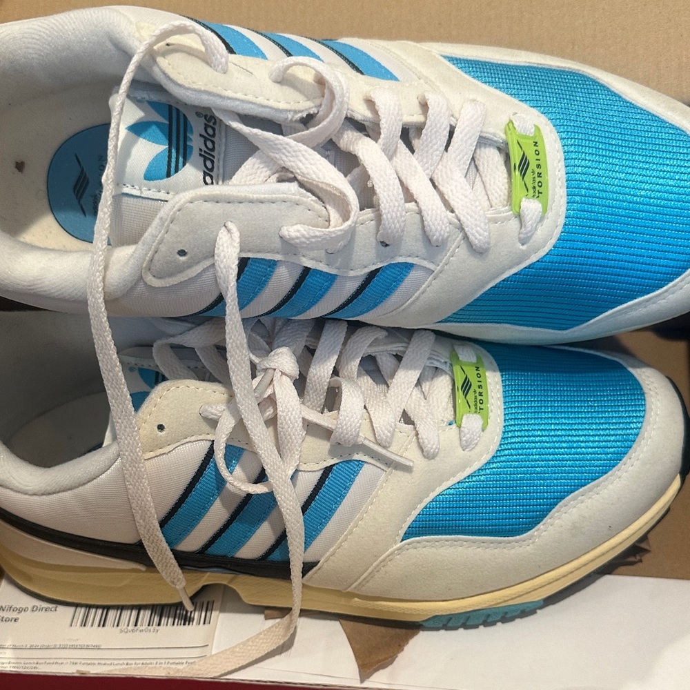 adidas White and Bright Blue Athletic Sneakers with Neon Green Accent